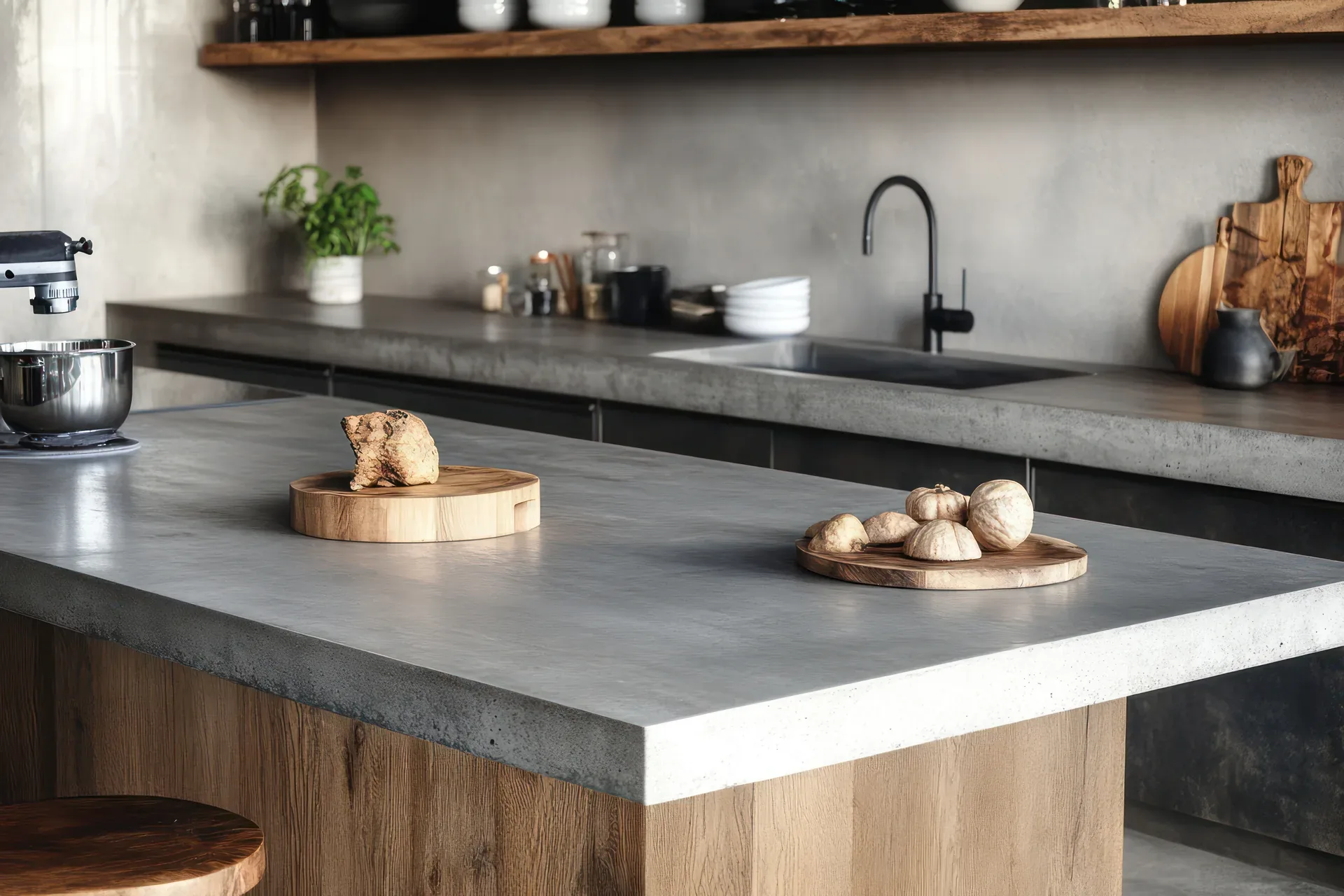 Concrete kitchen island on oak cabinets, with a matching worktop and sink behind it